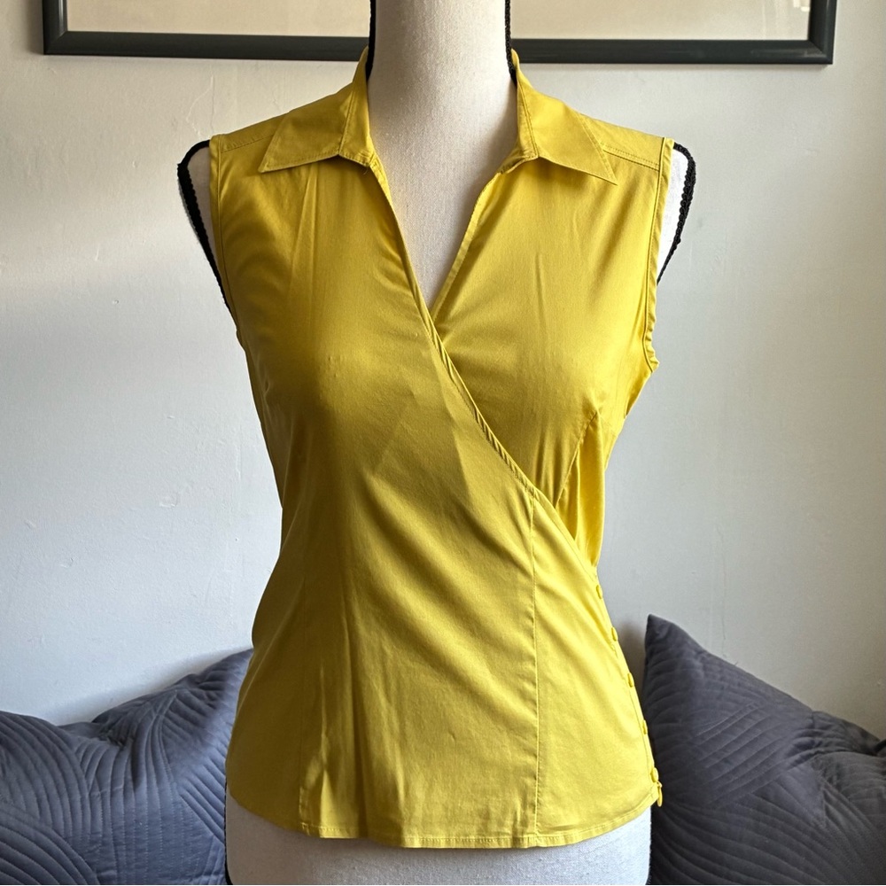 NWT H&M Mock Wrap Collared Sleeveless Fitted Shirt/Top, Maize Yellow, Size 6